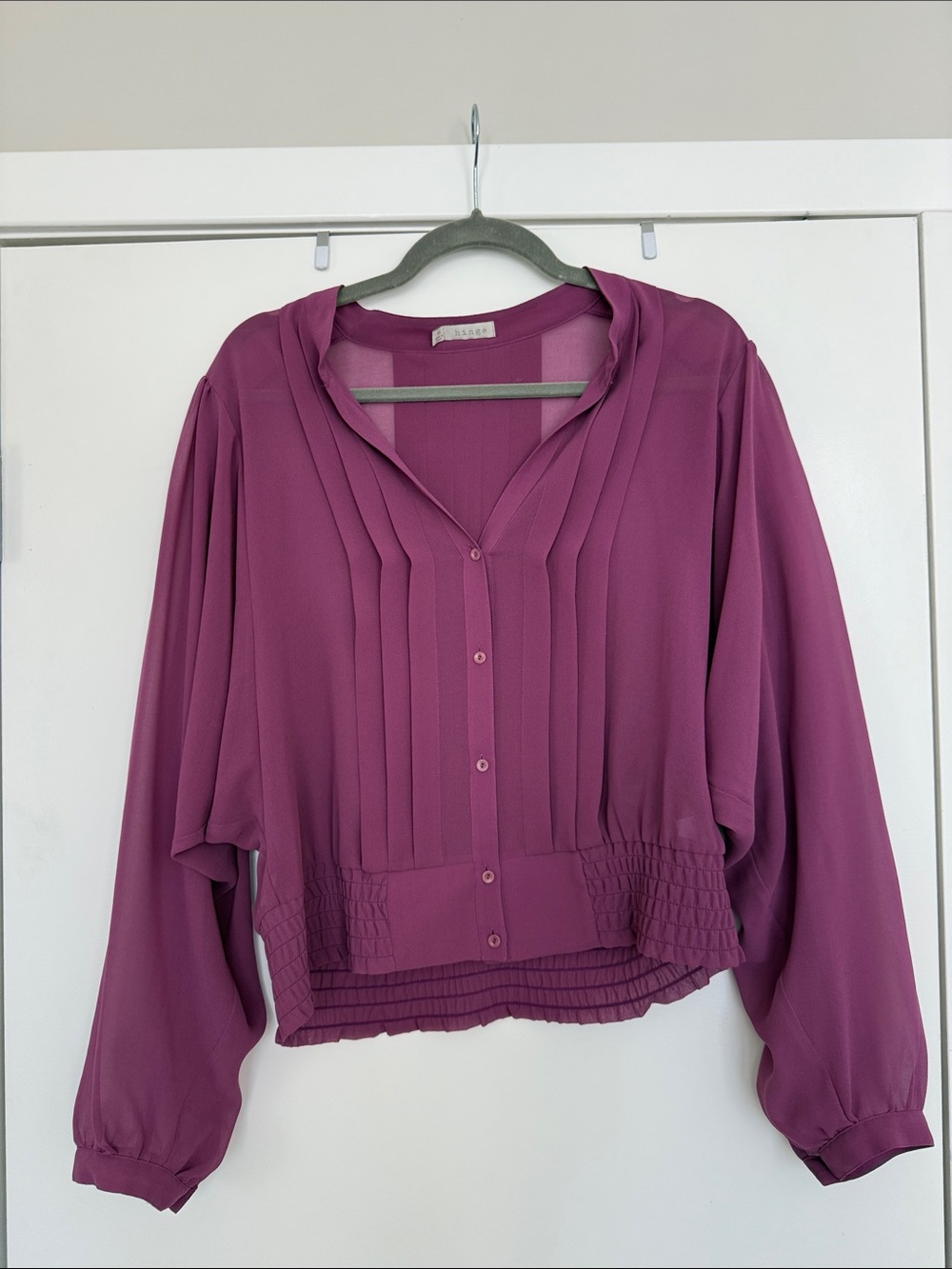 hinge Plum Pleated Button-Front Blouse
